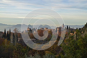 View onto Alhambra from Carmen de los Martires Park in Granada, Spain