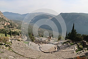 View onto Delphi\'s ancient theatre and the beautiful landscape behind