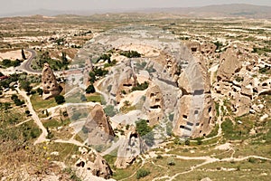 View onto some fairy chimneys from the Castle, Kalesi of Uchisar, Cappadocia, Turkey