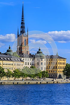 View onto Stockholm old town Gamla Stan and Riddarholmen church in Sweden