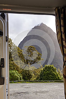 The view from the open door of a campervan