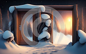 View through the open door onto winter landscape and sunrise. Generative Al Illustration