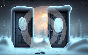 View through the open door onto winter landscape and sunrise. Generative Al Illustration