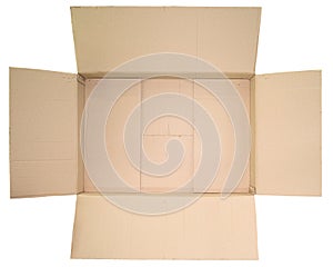 view in the open lid of the empty brown big box isolated on white background