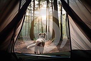 View of an open tent and a beautiful forest with a dog in the foreground