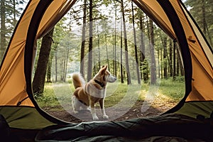 View of an open tent and a beautiful forest with a dog in the foreground