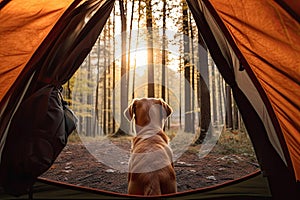 View of an open tent and a beautiful forest with a dog in the foreground