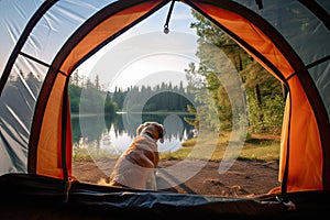 View of an open tent and a beautiful forest with a dog in the foreground