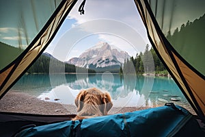 View of an open tent and a beautiful forest with a dog in the foreground