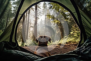 View of an open tent and a beautiful forest with a dog in the foreground