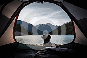 View of an open tent and a beautiful forest with a dog in the foreground