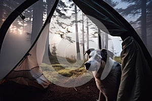 View of an open tent and a beautiful forest with a dog in the foreground