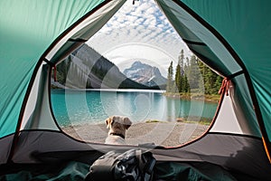 View of an open tent and a beautiful forest with a dog in the foreground