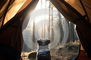 View of an open tent and a beautiful forest with a dog in the foreground