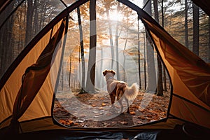 View of an open tent and a beautiful forest with a dog in the foreground
