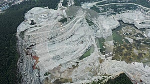 View of opencast mining quarry with lots of machinery. Mining in the granite quarry. Working mining machine - digger, drilling mac