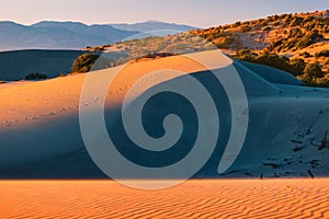 view of orange sand dunes and hills glow in the rays of the warm sunset in a tropical country. Bushes and distant