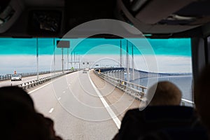 View of Oresund Bridge from tourist bus, Denmark