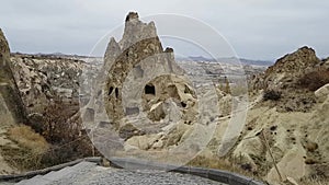 View of the original view of the mountain formations in the area of Goreme open air Museum in Cappadocia. Cloudy day