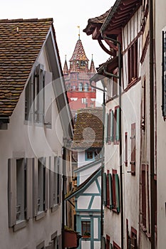 View of the ornate tower of the Rathaus, the City Hall of Basel