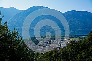 View from Orselina over houses in Locarno to the Lago Maggiore, Switzerland