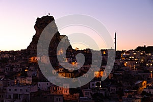 View of Ortahisar in Cappadocia at sunset