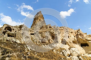 View of Ortahisar castle and cave houses. Cappadocia. Turkey