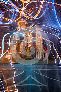 The view of Orthodox Cathedral Catedrala / Timisoara, Romania. Light trails