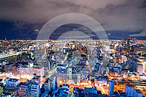 View of Osaka city landscape from Tsutenkaku tower at night