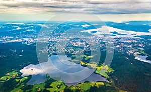 View of Oslo from an airplane on the approach to Gardermoen Airport