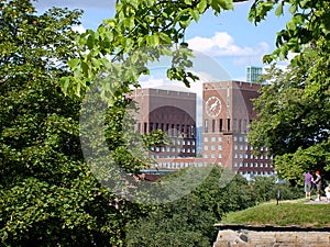 View of Oslo Radhuset town hall from fortress, Oslo, Norway