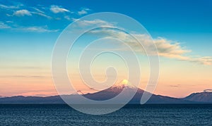 View of Osorno volcano, Puntigudo volcano and Llanquihue Lake in the Chilean Lake district