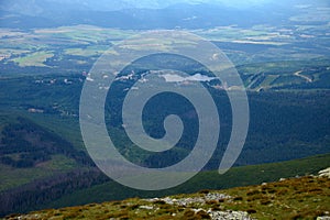 View from Ostra peak on the Strbske tarn under the mountain, Slovakia