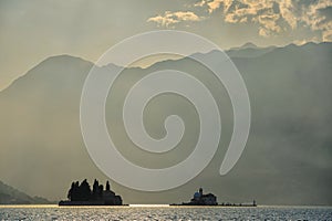 View of Our Lady of the Rocks, two islets. Perast, Bay of Kotor, Montenegro.