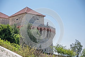 View at the Ourém medieval Castle, Palace and fortress, located on top of the town of Ourém, tourist man lookig to the landscape