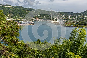 A view out across the inner harbour in St George in Grenada