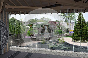 View out the gazebo to patio cascade waterfall features, 3D render photo