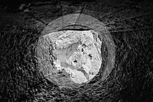 View out of a loophole of the Mount Lagazuoi tunnels, built during the First World War, Dolomite Alps in South Tirol