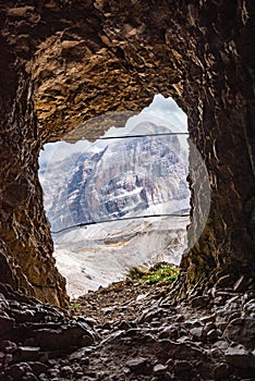 View out of a loophole of the Mount Lagazuoi tunnels, built during the First World War, Dolomite Alps in South Tirol