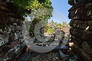 View out of the overgrown walls of Nan Madol - prehistoric ruined city. Pohnpei, Carolines, Micronesia, Oceania.