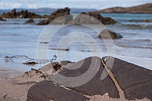 View out to sea from Achnahaird Beach in Wester Ross, Scottish Highlands. Quiet, cresent shaped beach on the north west coast of S