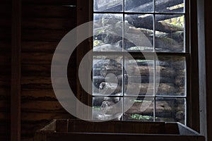 View out of a window in an old mill, sluice, Appalachian scene