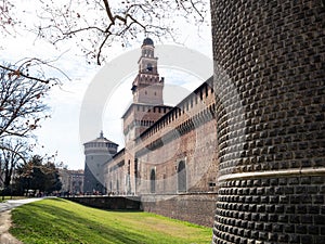 View of outer wall of Sforza Castle in Milan city
