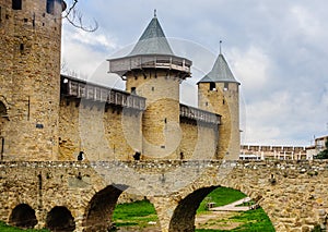 View of Outer wall and towers of Carcassonne fortification. France