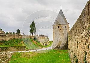 View of Outer wall and towers of Carcassonne fortification. France