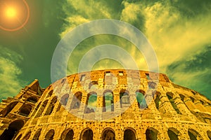 View outside the Colosseum, Rome, Italy in sunset light