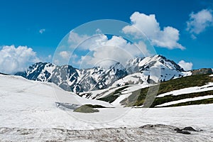 View of outside for landscape snow wall from Murodo station in Toyama, Japan The Murodo station is famous