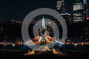 View of The Oval and the Philadelphia skyline at night from the Art Museum Steps in Philadelphia, Pennsylvania