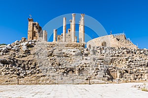 A view from the Oval Plasa towards the Temple of Zeus in the ancient Roman settlement of Gerasa in Jerash, Jordan