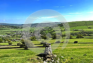 View over the Aire Valley, with Cononley village in the distance in, Yorkshire, UK